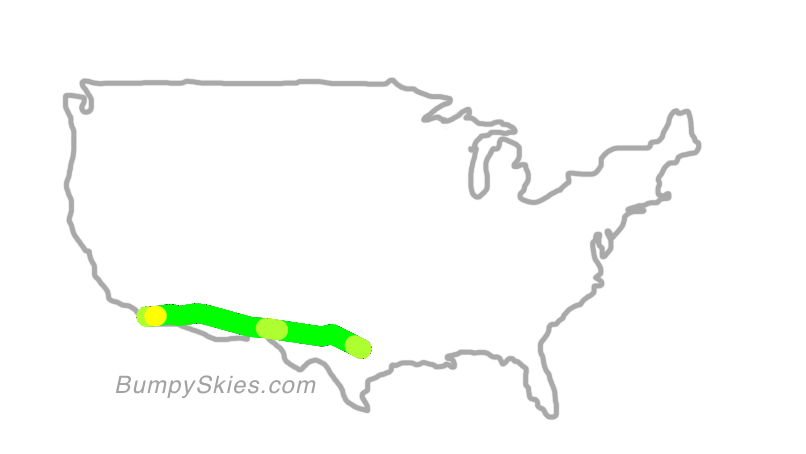 Map of continental US with illustrated flight path and turbulence forecast (described in text below)