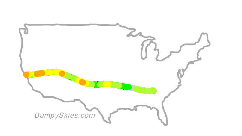 Map of continental US with illustrated flight path and turbulence forecast (described in text below)