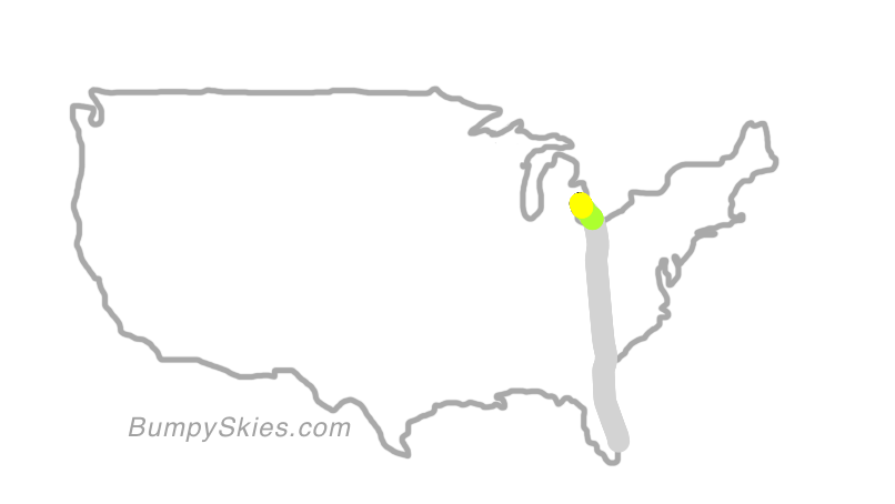 Map of continental US with illustrated flight path and turbulence forecast (described in text below)
