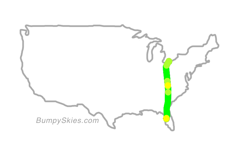 Map of continental US with illustrated flight path and turbulence forecast (described in text below)