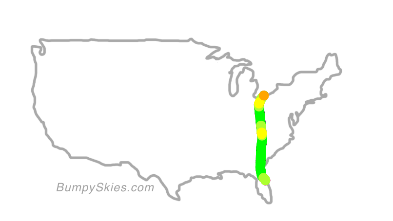Map of continental US with illustrated flight path and turbulence forecast (described in text below)