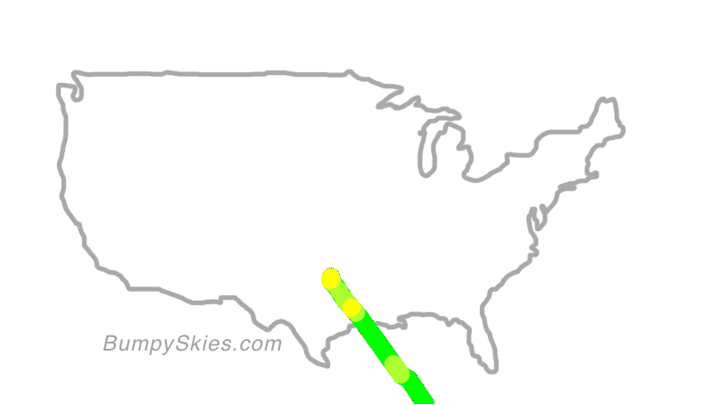 Map of continental US with illustrated flight path and turbulence forecast (described in text below)