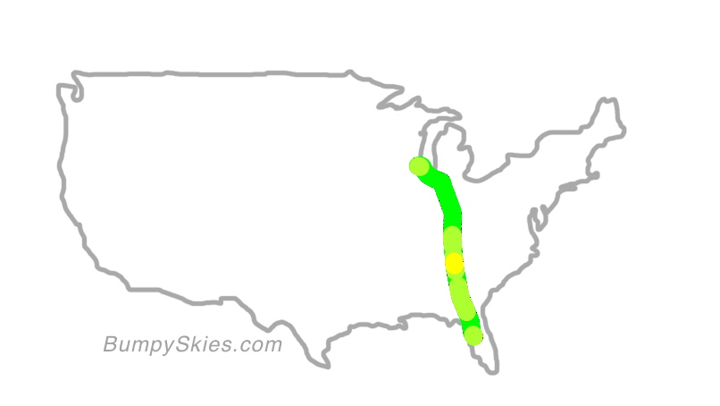 Map of continental US with illustrated flight path and turbulence forecast (described in text below)