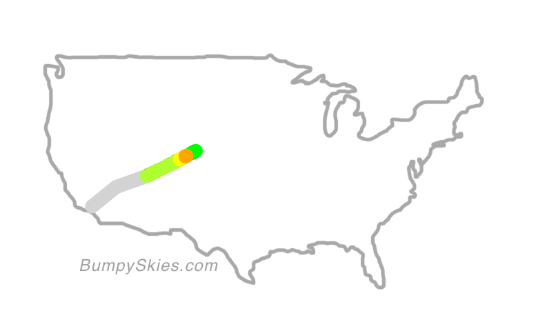 Map of continental US with illustrated flight path and turbulence forecast (described in text below)