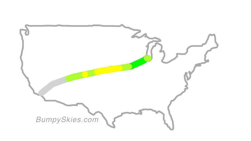 Map of continental US with illustrated flight path and turbulence forecast (described in text below)