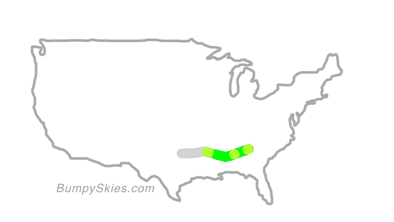 Map of continental US with illustrated flight path and turbulence forecast (described in text below)