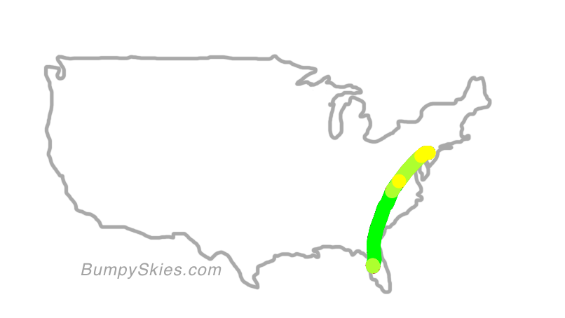 Map of continental US with illustrated flight path and turbulence forecast (described in text below)