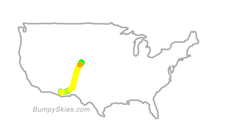 Map of continental US with illustrated flight path and turbulence forecast (described in text below)