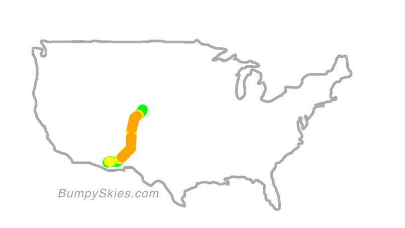 Map of continental US with illustrated flight path and turbulence forecast (described in text below)