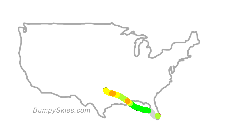 Map of continental US with illustrated flight path and turbulence forecast (described in text below)