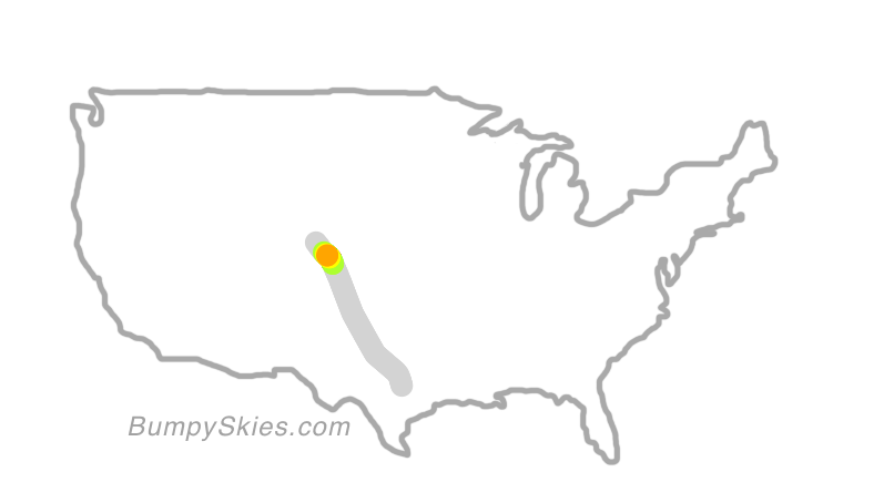 Map of continental US with illustrated flight path and turbulence forecast (described in text below)