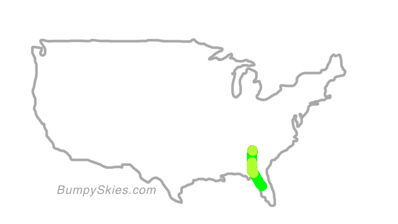 Map of continental US with illustrated flight path and turbulence forecast (described in text below)