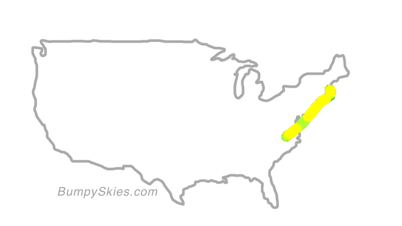 Map of continental US with illustrated flight path and turbulence forecast (described in text below)