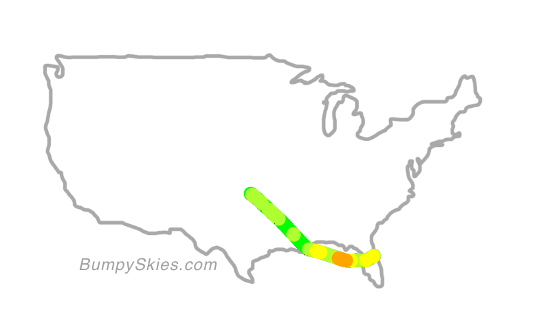 Map of continental US with illustrated flight path and turbulence forecast (described in text below)