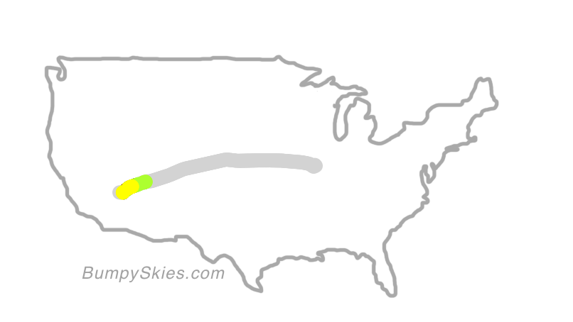 Map of continental US with illustrated flight path and turbulence forecast (described in text below)