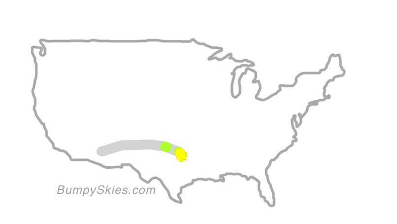 Map of continental US with illustrated flight path and turbulence forecast (described in text below)