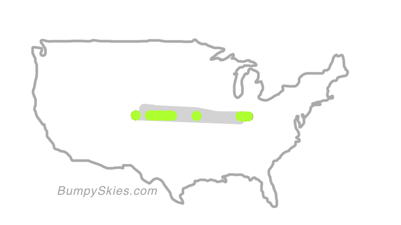 Map of continental US with illustrated flight path and turbulence forecast (described in text below)