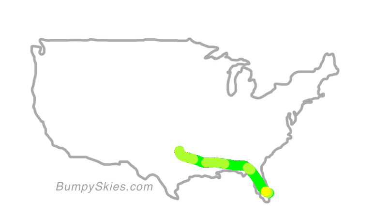Map of continental US with illustrated flight path and turbulence forecast (described in text below)