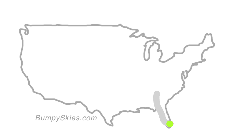 Map of continental US with illustrated flight path and turbulence forecast (described in text below)