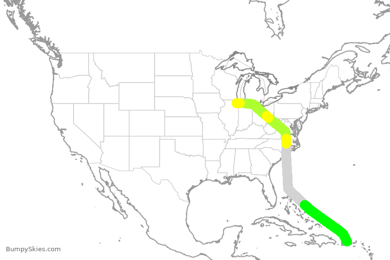 Turbulence forecast map for FFT3446, ORD to SJU