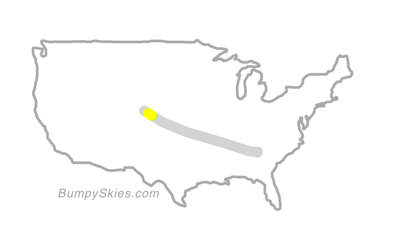 Map of continental US with illustrated flight path and turbulence forecast (described in text below)