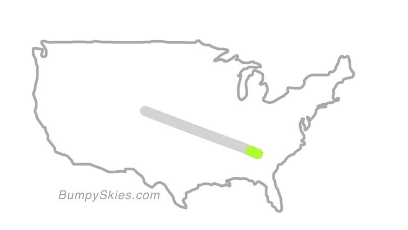 Map of continental US with illustrated flight path and turbulence forecast (described in text below)