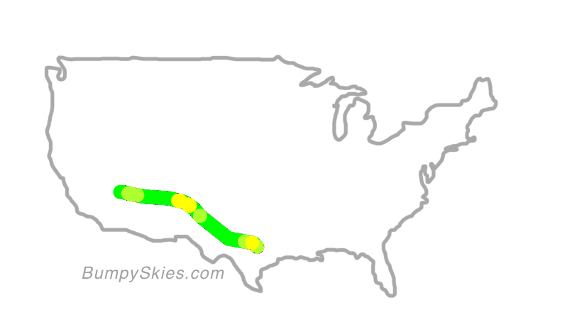 Map of continental US with illustrated flight path and turbulence forecast (described in text below)