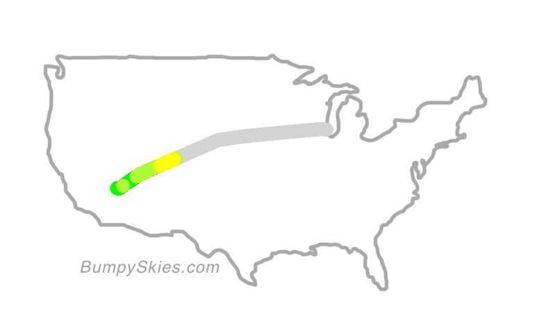 Map of continental US with illustrated flight path and turbulence forecast (described in text below)