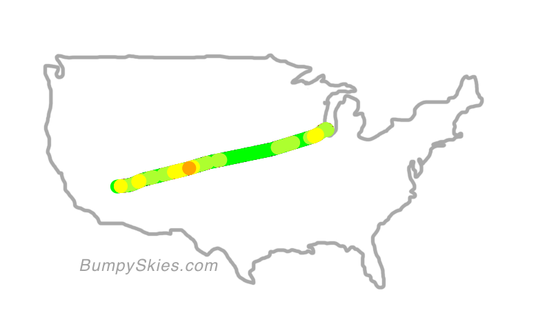 Map of continental US with illustrated flight path and turbulence forecast (described in text below)