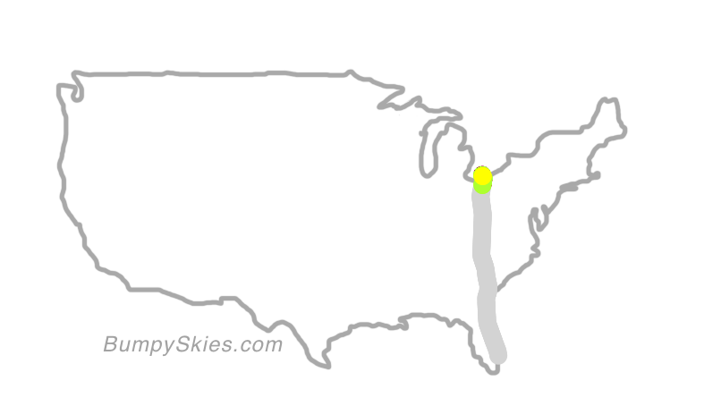 Map of continental US with illustrated flight path and turbulence forecast (described in text below)