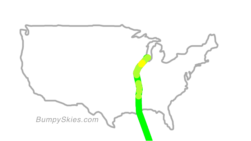 Map of continental US with illustrated flight path and turbulence forecast (described in text below)