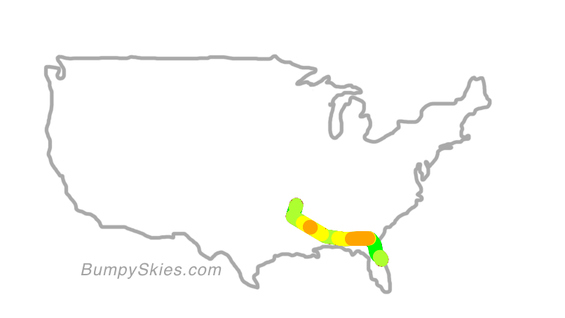 Map of continental US with illustrated flight path and turbulence forecast (described in text below)