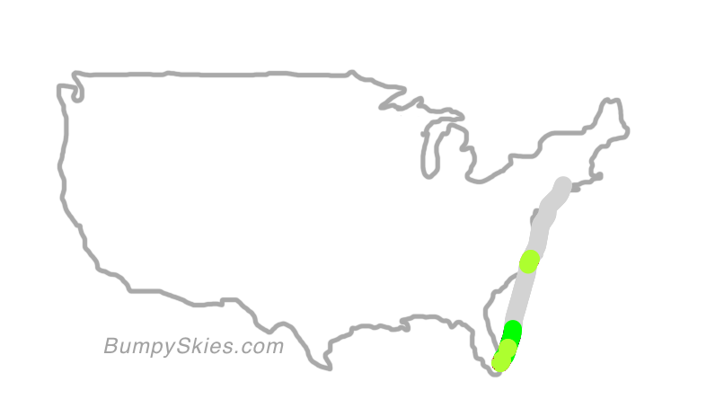Map of continental US with illustrated flight path and turbulence forecast (described in text below)