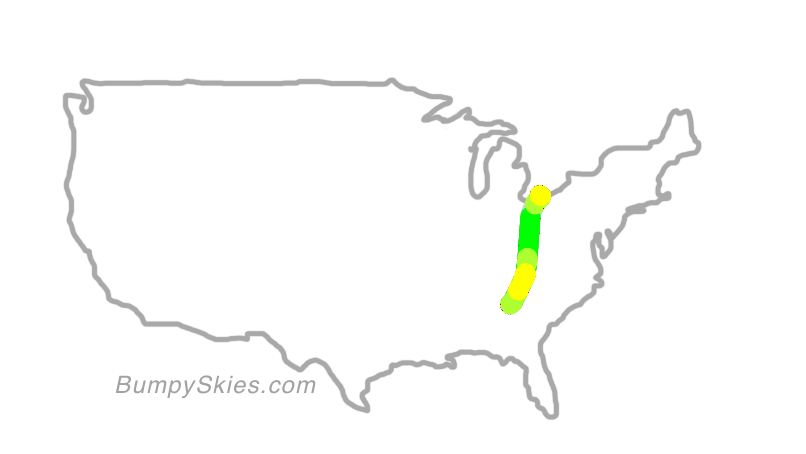 Map of continental US with illustrated flight path and turbulence forecast (described in text below)