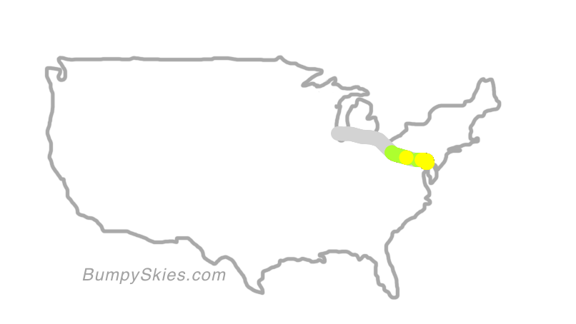 Map of continental US with illustrated flight path and turbulence forecast (described in text below)