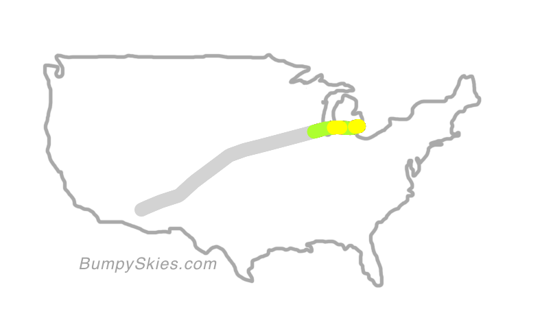 Map of continental US with illustrated flight path and turbulence forecast (described in text below)
