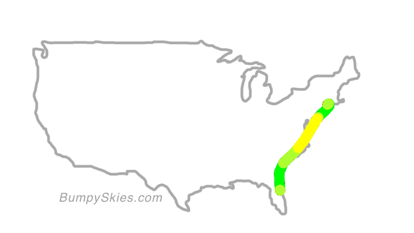 Map of continental US with illustrated flight path and turbulence forecast (described in text below)