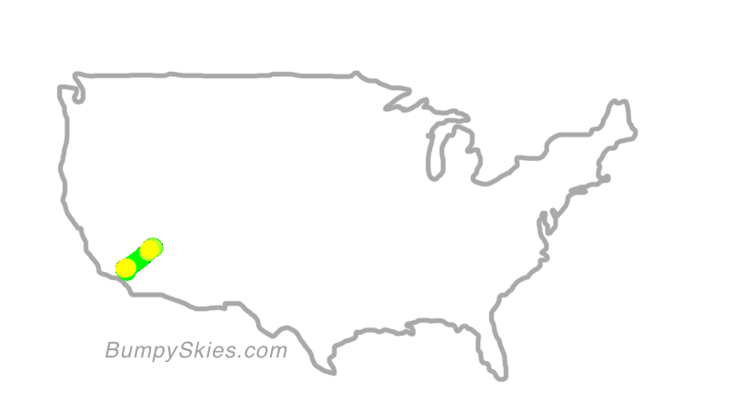 Map of continental US with illustrated flight path and turbulence forecast (described in text below)