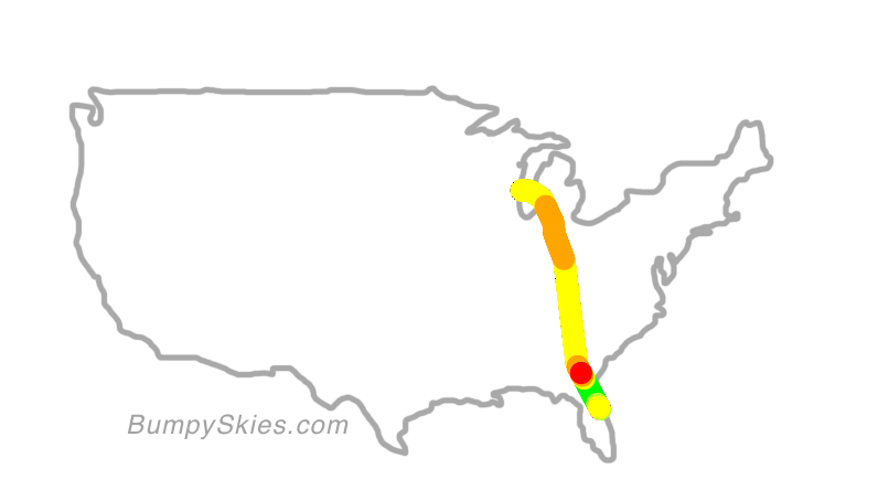 Map of continental US with illustrated flight path and turbulence forecast (described in text below)