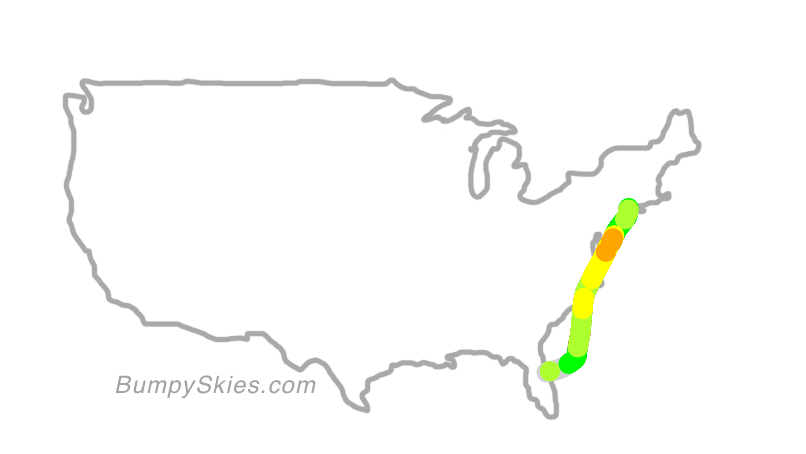 Map of continental US with illustrated flight path and turbulence forecast (described in text below)