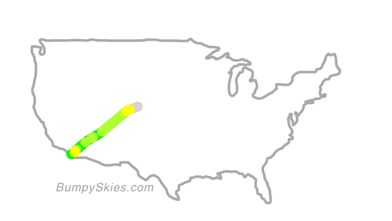 Map of continental US with illustrated flight path and turbulence forecast (described in text below)