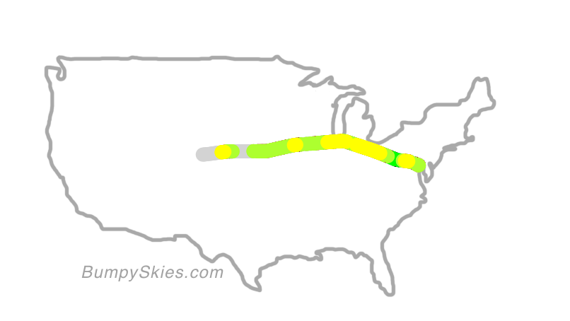 Map of continental US with illustrated flight path and turbulence forecast (described in text below)