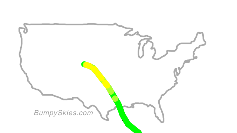 Map of continental US with illustrated flight path and turbulence forecast (described in text below)