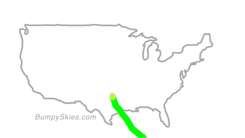 Map of continental US with illustrated flight path and turbulence forecast (described in text below)