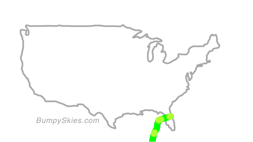 Map of continental US with illustrated flight path and turbulence forecast (described in text below)