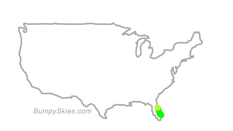 Map of continental US with illustrated flight path and turbulence forecast (described in text below)
