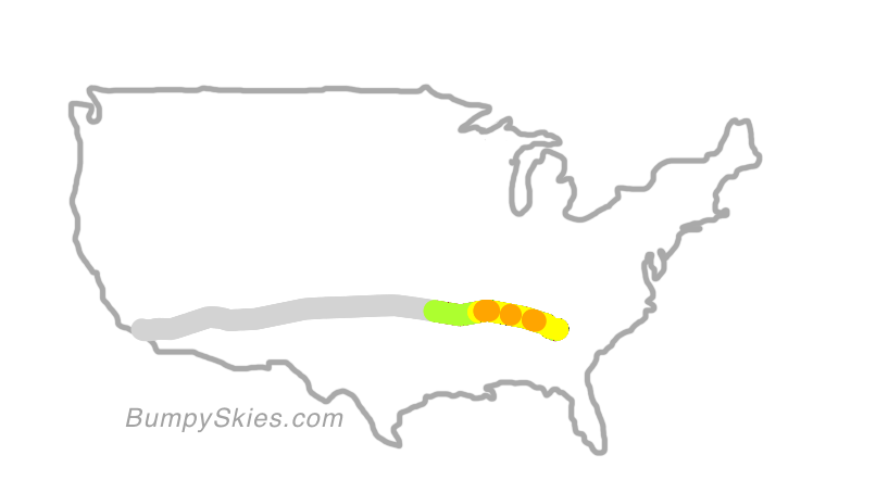 Map of continental US with illustrated flight path and turbulence forecast (described in text below)