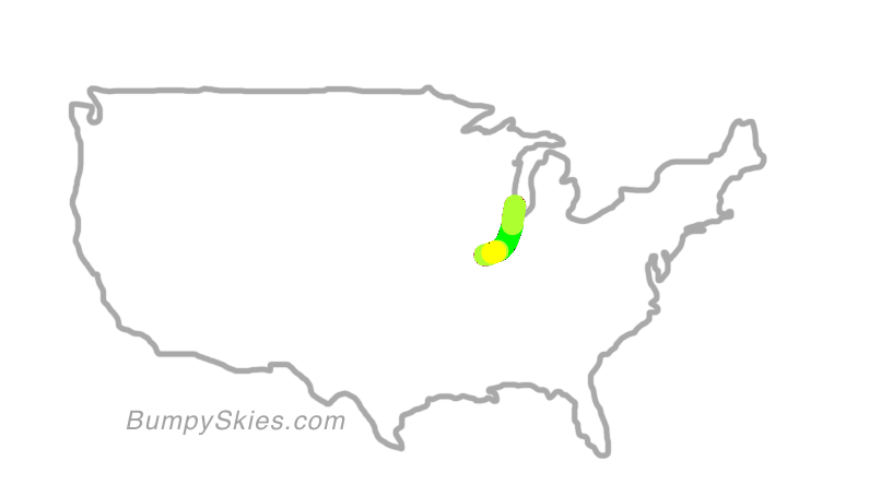 Map of continental US with illustrated flight path and turbulence forecast (described in text below)