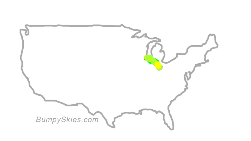 Map of continental US with illustrated flight path and turbulence forecast (described in text below)