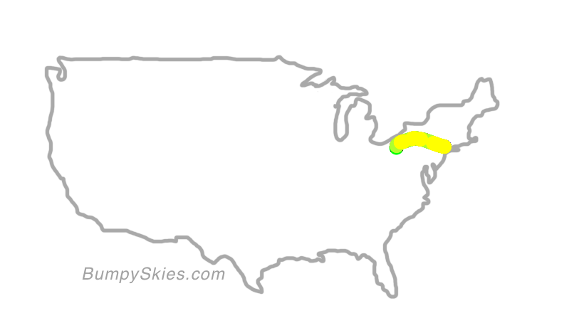 Map of continental US with illustrated flight path and turbulence forecast (described in text below)